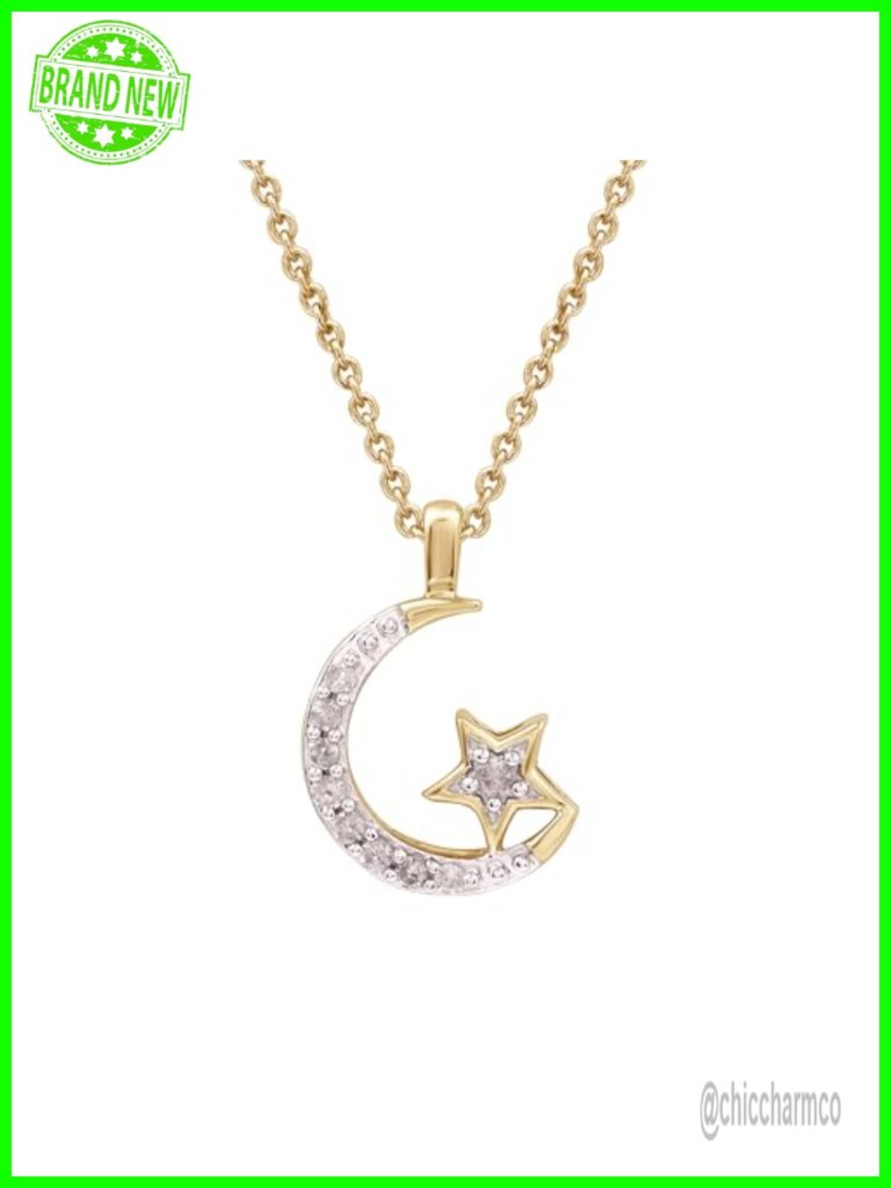 14K Gold Plated Diamond Moon Star Pendant Necklace 18in Rope Chain